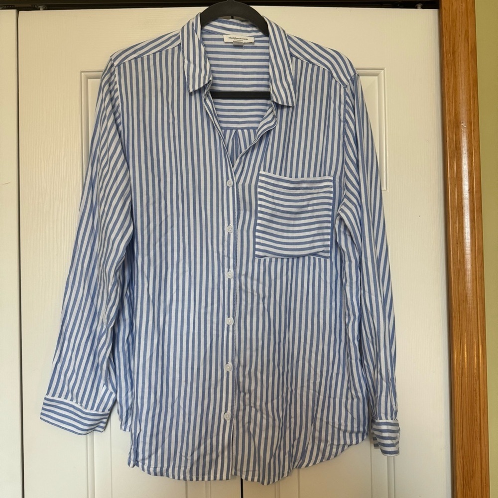 beachlunchlounge blue and white‎ striped long sleeve oversized blouse